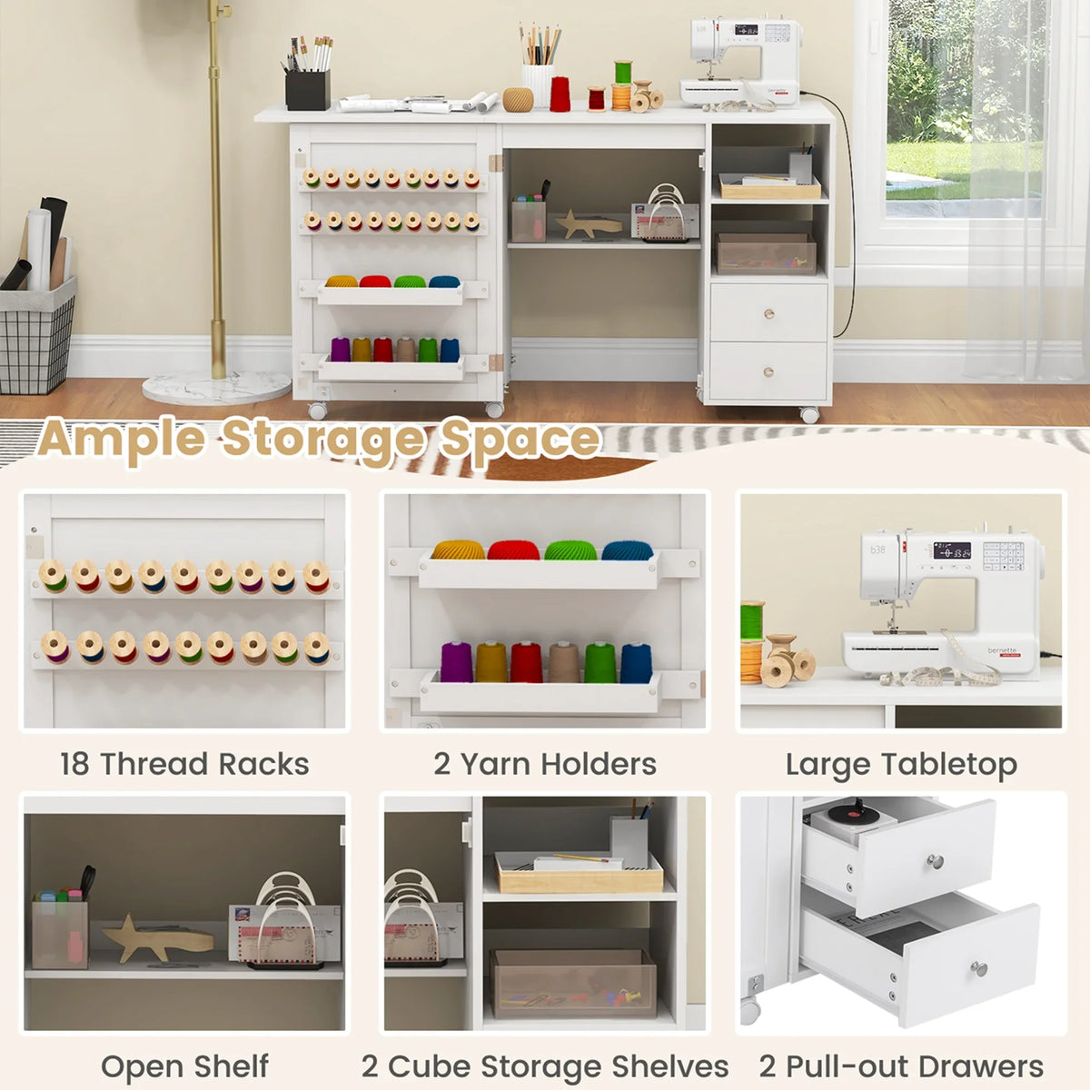 Costway Folding Sewing Table Charging Station Multifunctional Sewing Machine Cart Table