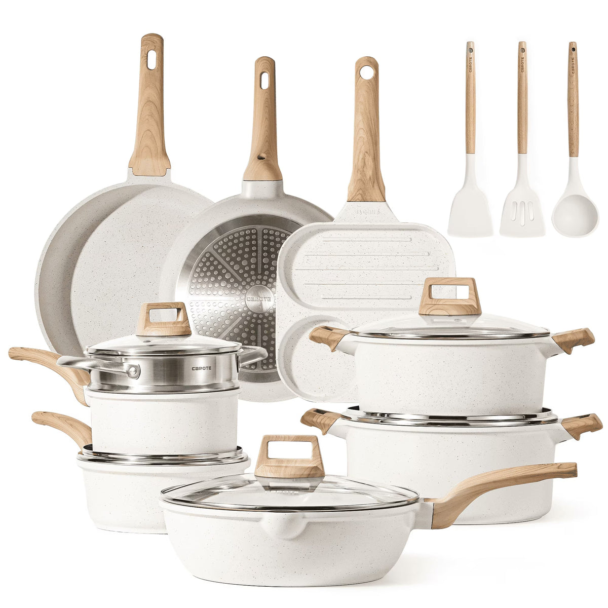 Carote Nonstick Cookware Sets, 24 Pcs Granite Non Stick Pots and Pans Set, Induction Cookware, White