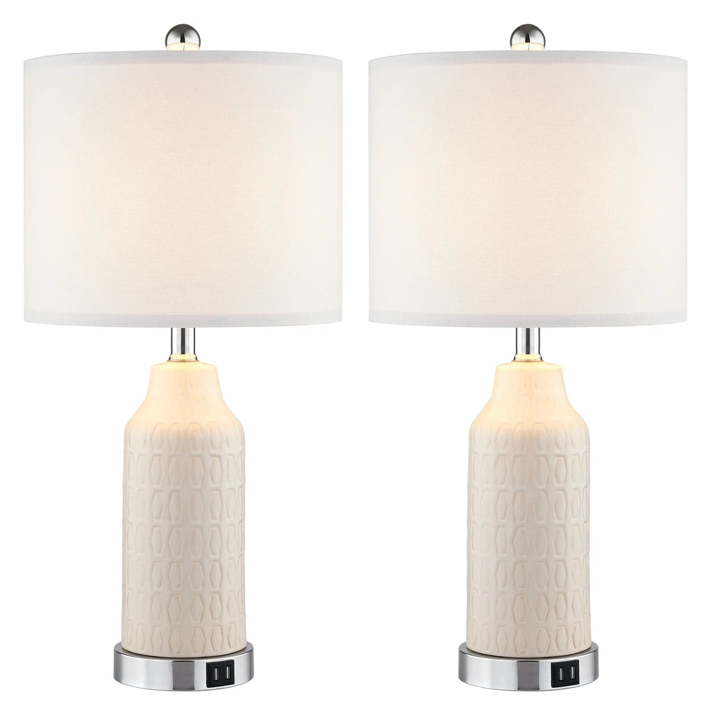 Cinkeda Table Lamp Set of 2 for Living Room Bedroom with USB Ports AC Outlet 3 Way Dimmable Touch Nightlight Farmhouse White Floral Nightstand Bedside Lamps