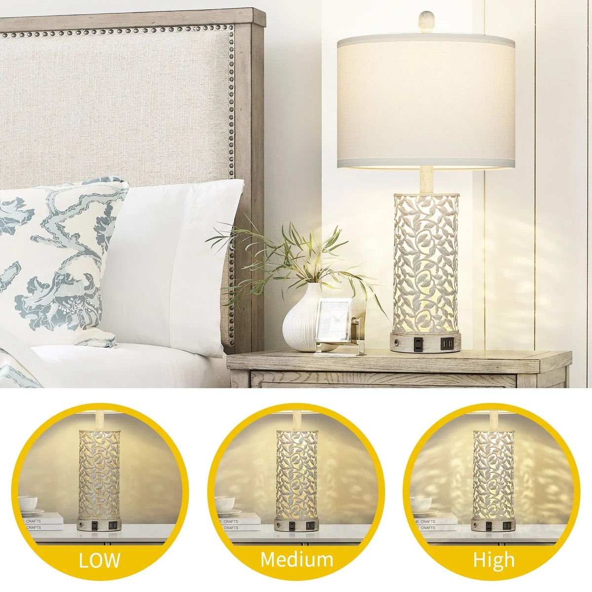 Cinkeda Table Lamp Set of 2 for Living Room Bedroom with USB Ports AC Outlet 3 Way Dimmable Touch Nightlight Farmhouse White Floral Nightstand Bedside Lamps