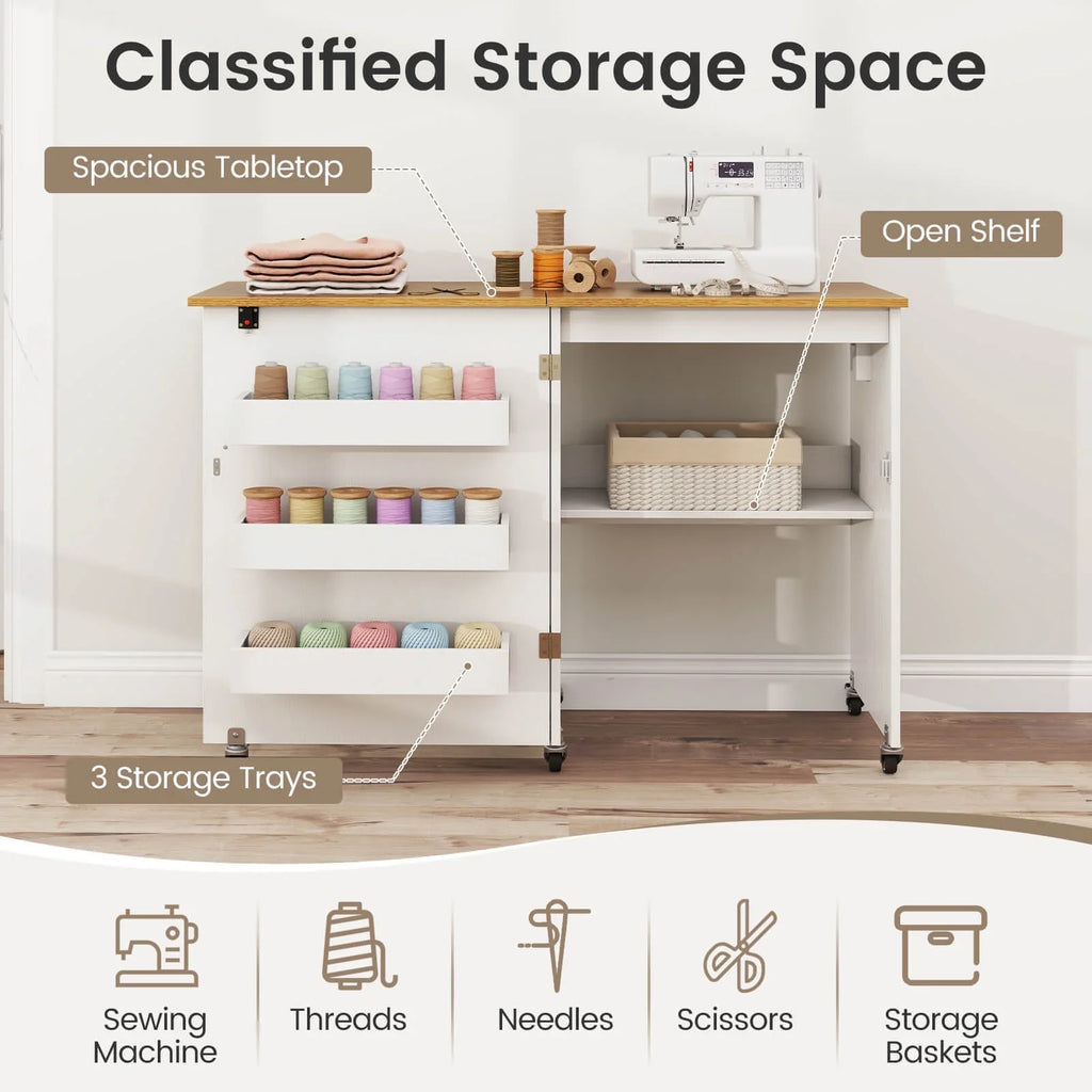 Costway Folding Sewing Table Rolling Craft Station with 3 Storage Bins & Charging Station White+natural