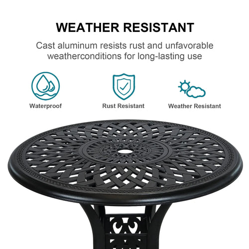 30.3 Inch Round Patio Table Cast Aluminum Patio Table,Metal Patio Dining Table with Umbrella Hole,All Weather Outdoor Bistro Dining Table for Backyard, Garden, Balcony, Black