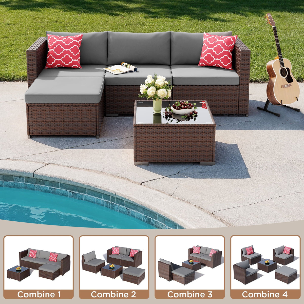 Aiho 7-Piece Rattan Patio Furniture Set , Outdoor Sectional Furniture Set for Patio, Garden, Backyard, Grey