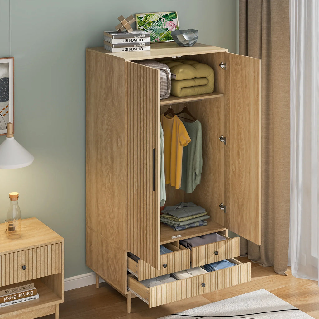 Armoire Wardrobe Closet with 2 Doors, Wardrobe Cabinet with Hanging Rod and Drawers, Wooden Closet for Bedroom, White