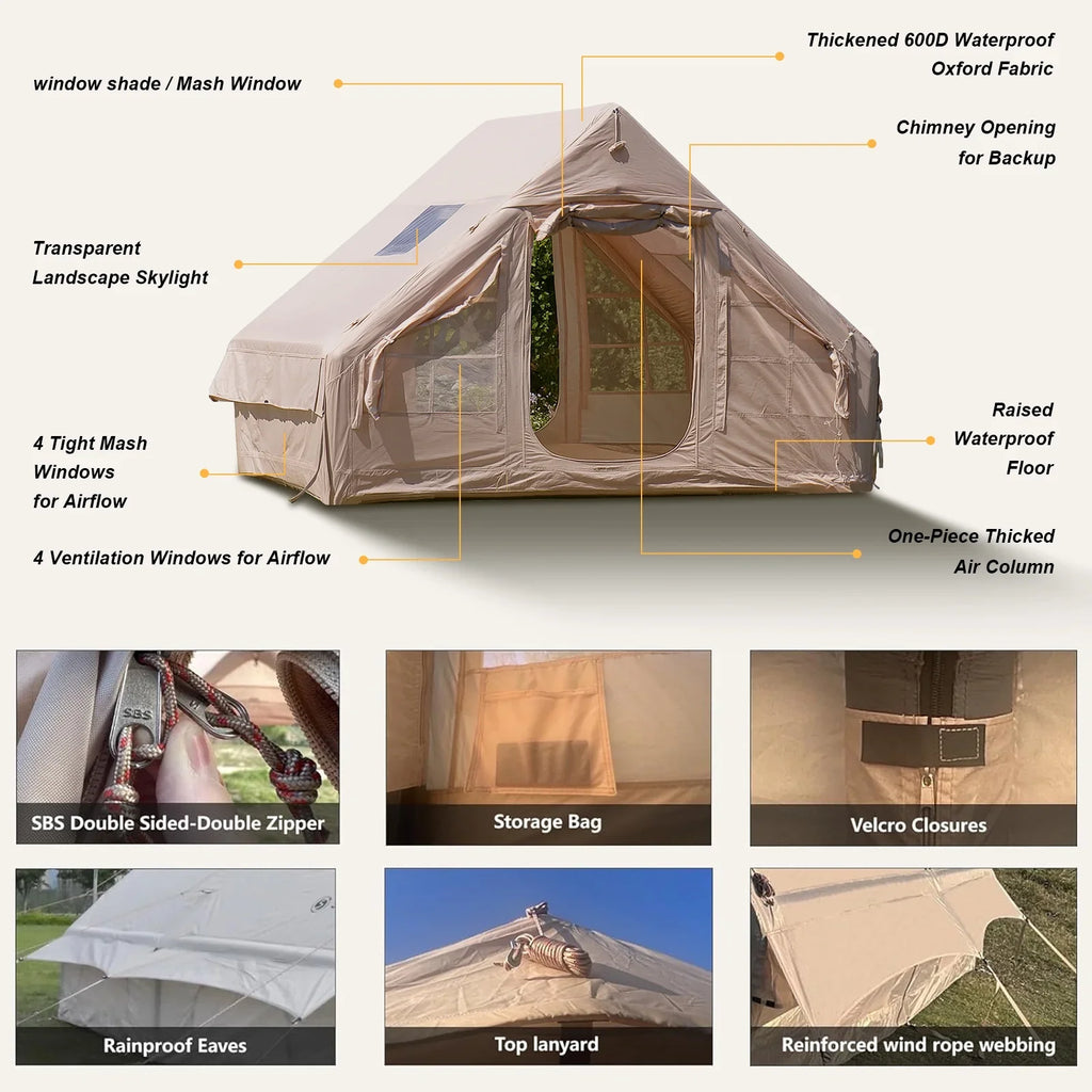 9.8' x 7' Inflatable Camping Tent,4 Season Blow up Tents for Camping, 4-6 Person Inflatable Tent with Stove Jack,Air Tents,Glamping Tent,Waterproof Luxury House with Mesh Window