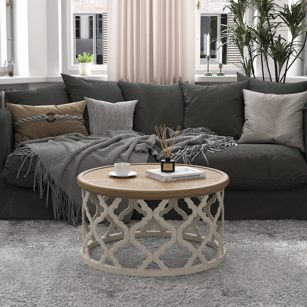 Bestco 30" Farmhouse Coffee Table, Round French Country Coffee Table, Distressed Wood Tray Top Vintage Coffee Table with Storage Shelf, Beige
