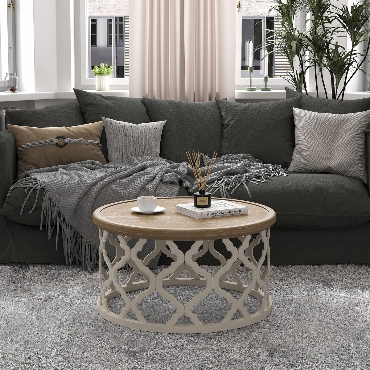 Bestco 30" Farmhouse Coffee Table, Round French Country Coffee Table, Distressed Wood Tray Top Vintage Coffee Table with Storage Shelf, Beige