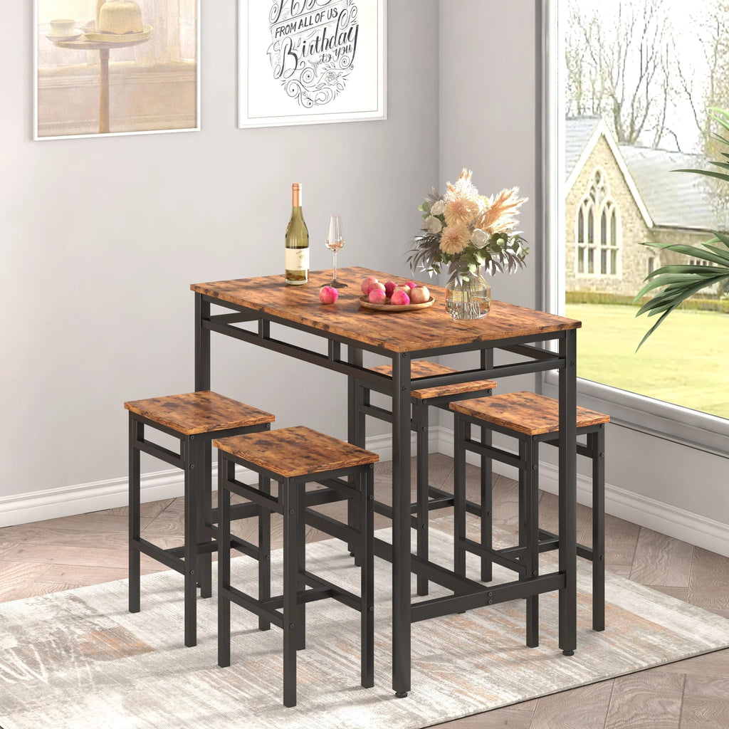 Counter Height Table Set of 5, Breakfast Bar Table and Stool Set, Minimalist Dining Table with Backless Stools, Wood Top Pub Table & Chair Set for Kitchen Apartment Bistro - Space Saving