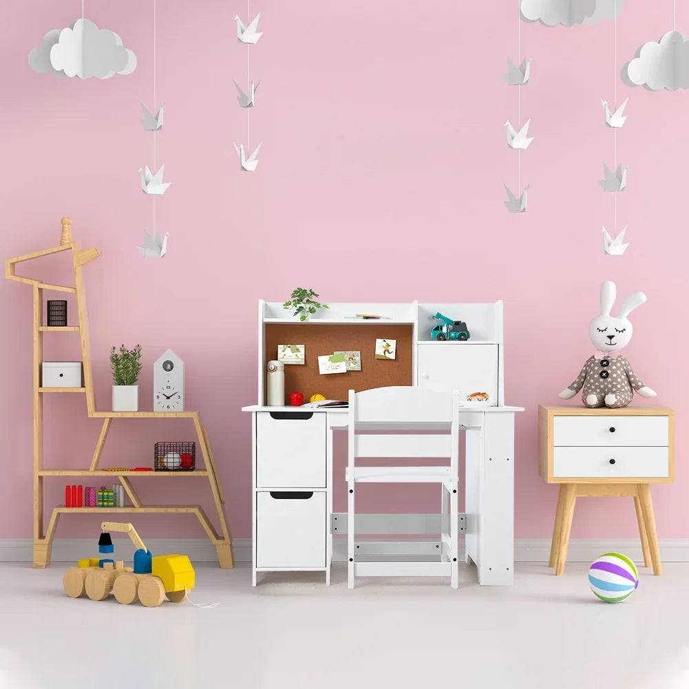 Wpond Kids Desk and Chair Set, Wooden Children Study Table with Storage, Bulletin Board, Student Computer Workstation Writing Desk for Kids Bedroom, School, White