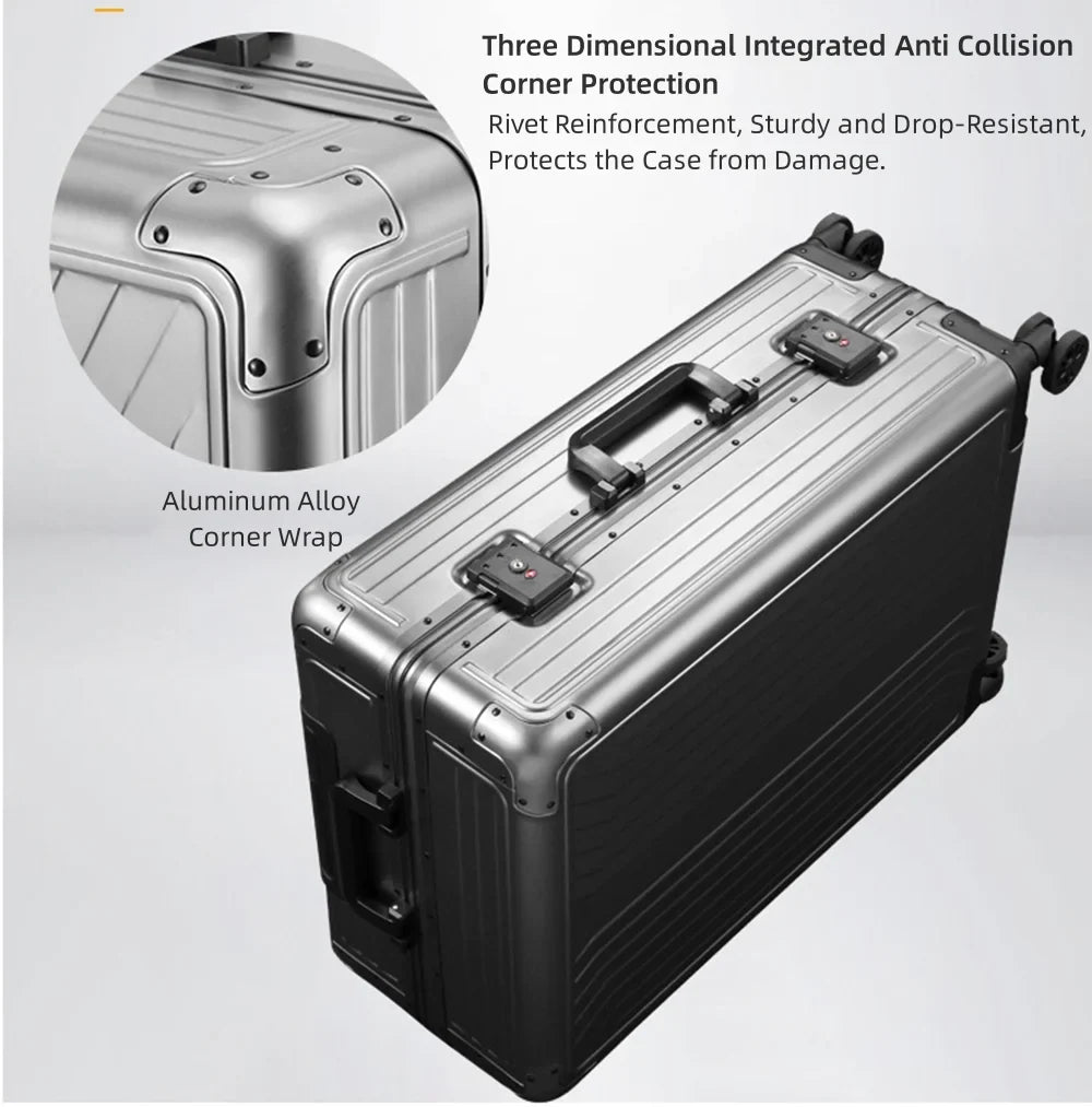 All Aluminum Magnesium Hardshell Carry on Luggage with Wheels, Modern Zipperless Hardshell Checked Luggage with TSA Lock, Airline Approved Metal Suitcase Travel Metal Rolling Luggage