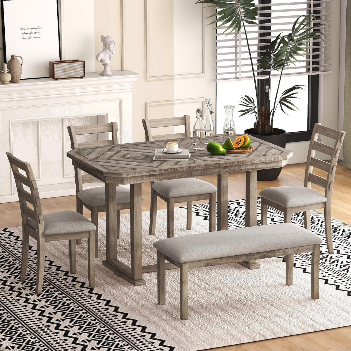 Bellemave 6-Piece Dining Table Set, Rubber Wood Rectangular Kitchen Table Set for 6, Farmhouse Dining Table Set with 4 Upholstered Chairs and Bench (Gray)