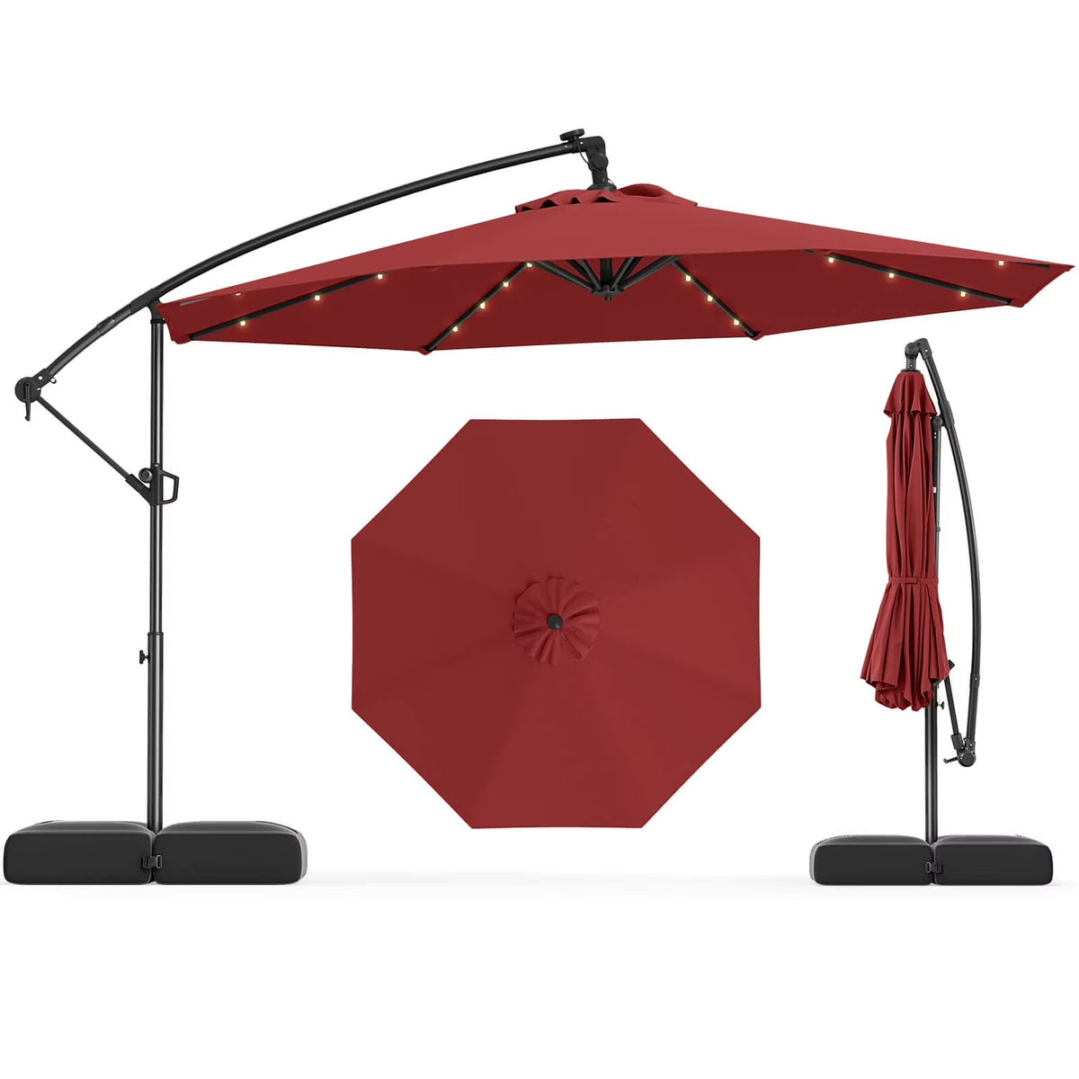 Costway 10 FT Solar Offset Hanging Umbrella Patio Cantilever Umbrella with 32 LED Lights Brown