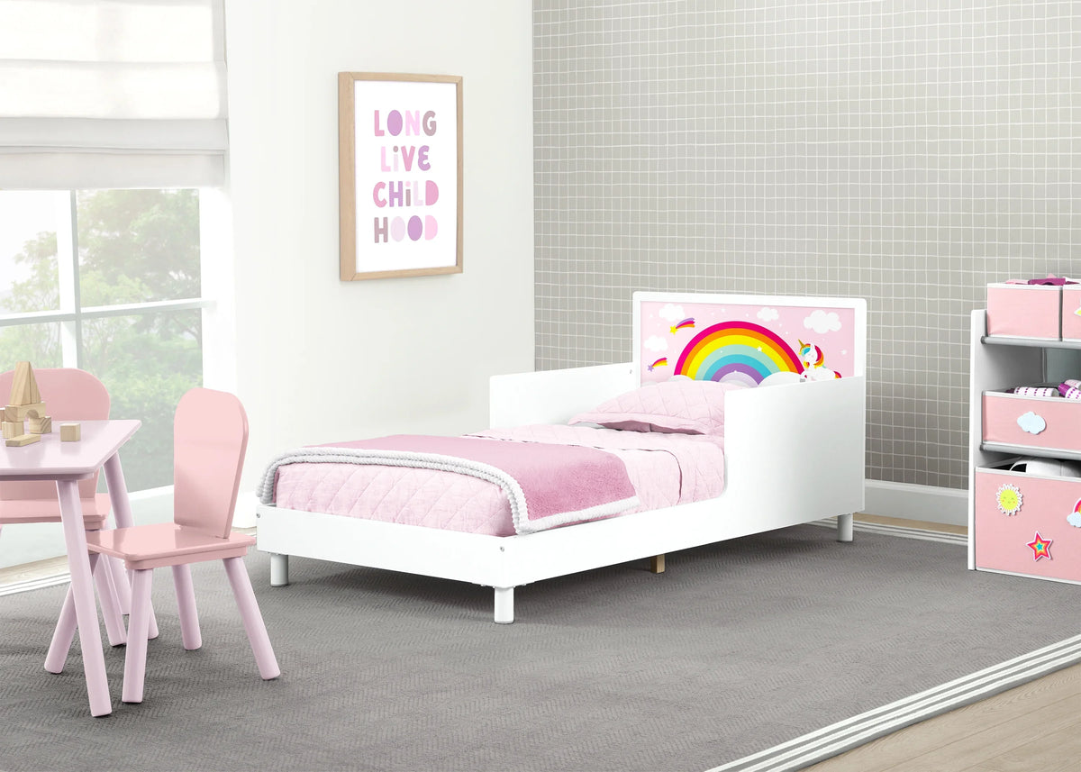 Delta Children Dreamer Toddler Bed (Choose from Dinosaur or Rainbow Headboard Stickers), Bianca White
