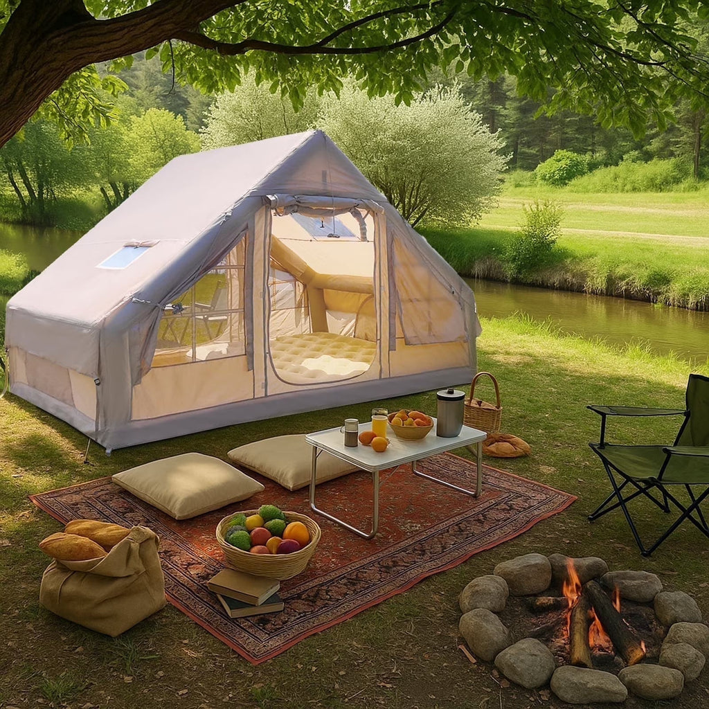 9.8' x 7' Inflatable Camping Tent,4 Season Blow up Tents for Camping, 4-6 Person Inflatable Tent with Stove Jack,Air Tents,Glamping Tent,Waterproof Luxury House with Mesh Window