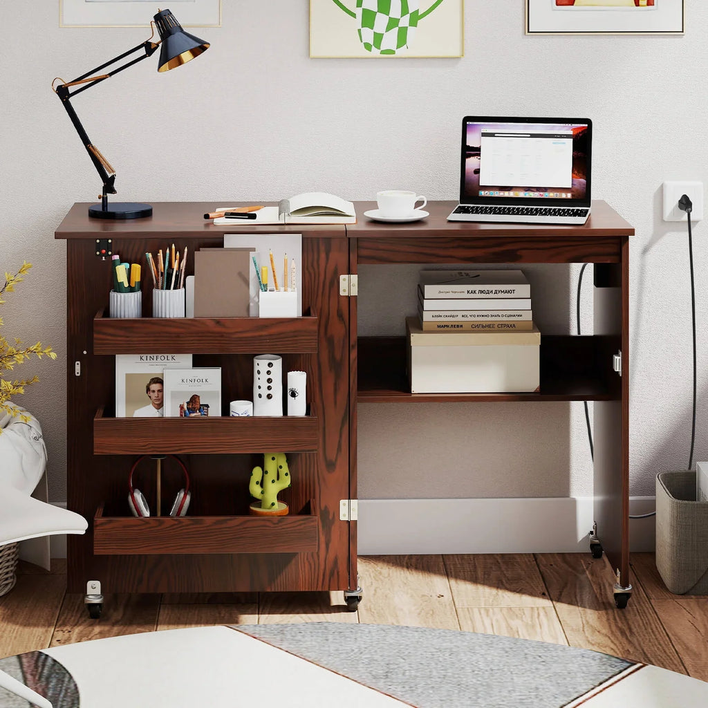 Costway Folding Sewing Table Rolling Craft Station with 3 Storage Bins & Charging Station White+natural