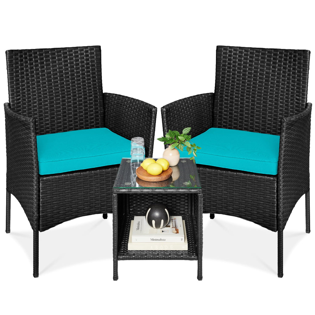 Best Choice Products 3-Piece Outdoor Wicker Conversation Patio Bistro Set, w/ 2 Chairs, Table - Gray/Navy