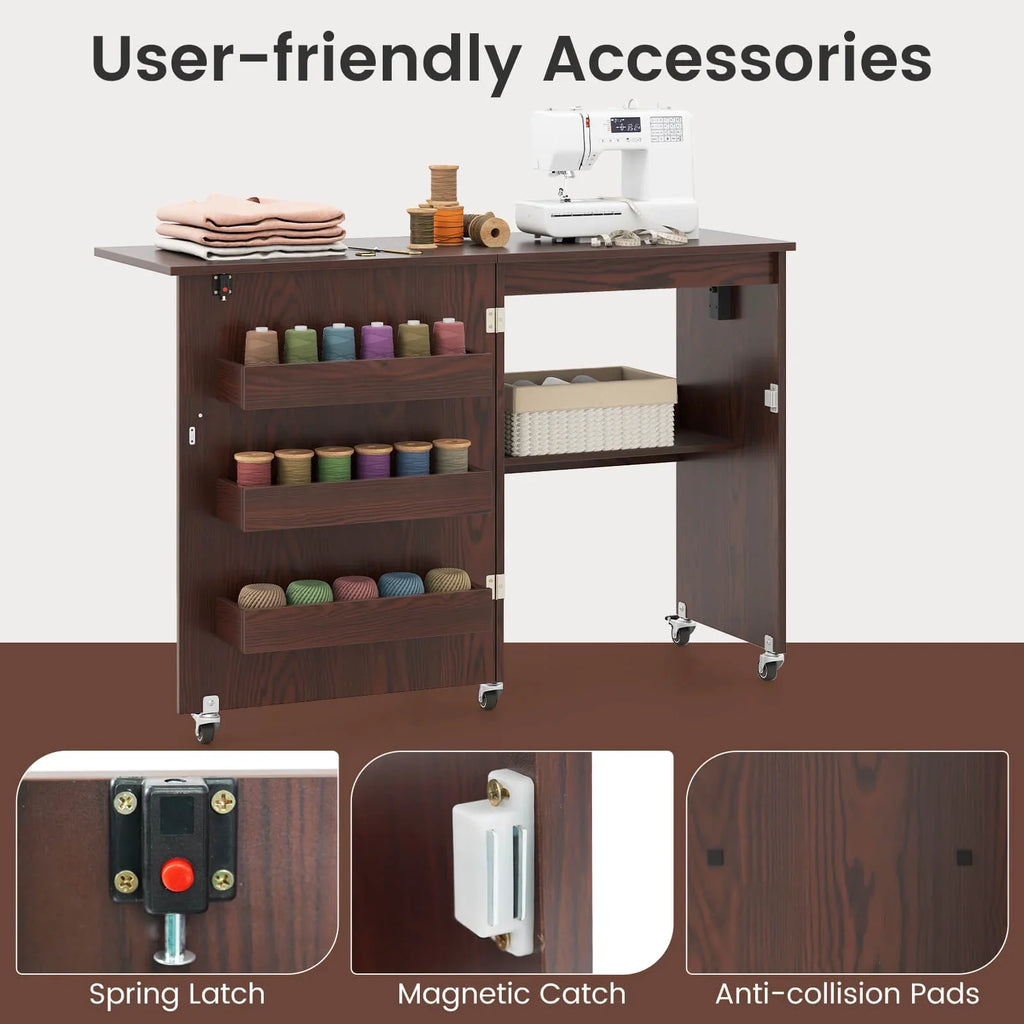 Costway Folding Sewing Table Rolling Craft Station with 3 Storage Bins & Charging Station White+natural