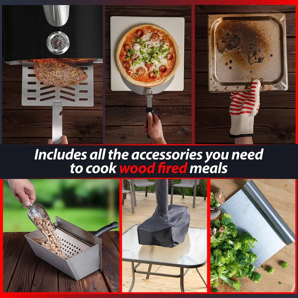 Deco Chef Outdoor Pizza Oven with 2-in-1 Pizza and Grill Oven Functionality, 13" Pizza Stone, 3-Layer Stainless Steel Construction, Pizza Peel, Dough Scraper, Scoop, Slotted Grill (Black) - (Open Box