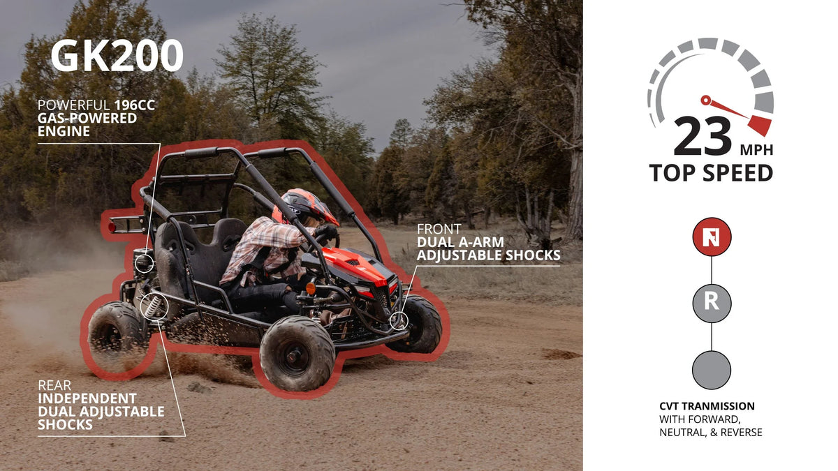 Coleman Powersports GK200 196cc Gas Powered Go-Kart, Two-Seater Off-Road Vehicle Up to 23 MPH, Rugged Suspension, Pull-Start Engine, Ages 13+, Red