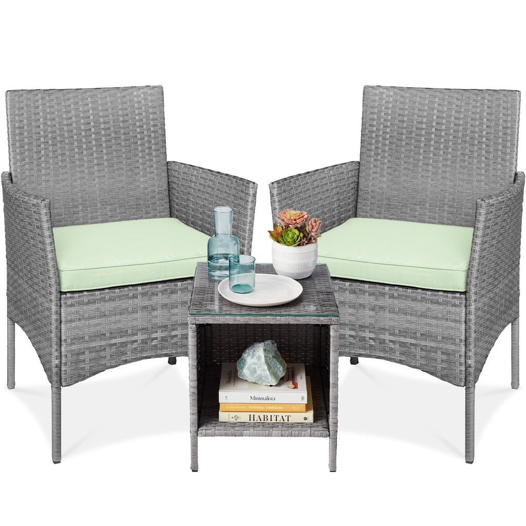Best Choice Products 3-Piece Outdoor Wicker Conversation Patio Bistro Set, w/ 2 Chairs, Table - Gray/Navy