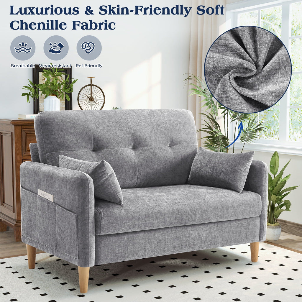 BedLuxury 47'' Wide LoveSeat, 2-seat Chenille sofa with 2 Pillows for Living Room and Small Spaces, Dark Grey