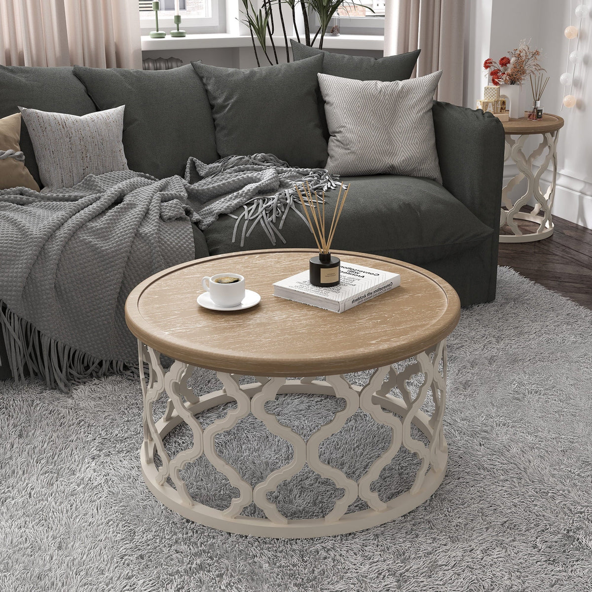 Bestco 30" Farmhouse Coffee Table, Round French Country Coffee Table, Distressed Wood Tray Top Vintage Coffee Table with Storage Shelf, Beige
