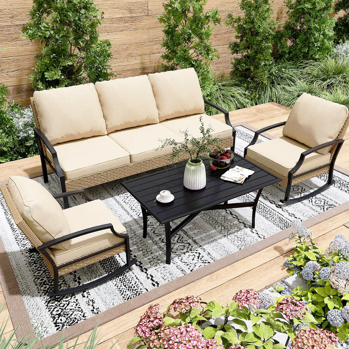 AECOJOY Patio Furniture Sets On Sale,Metal Outdoor Furniture Sets Clearance,Wicker Rattan Patio Conversation Sets For Porch, Garden and Backyard,Beige