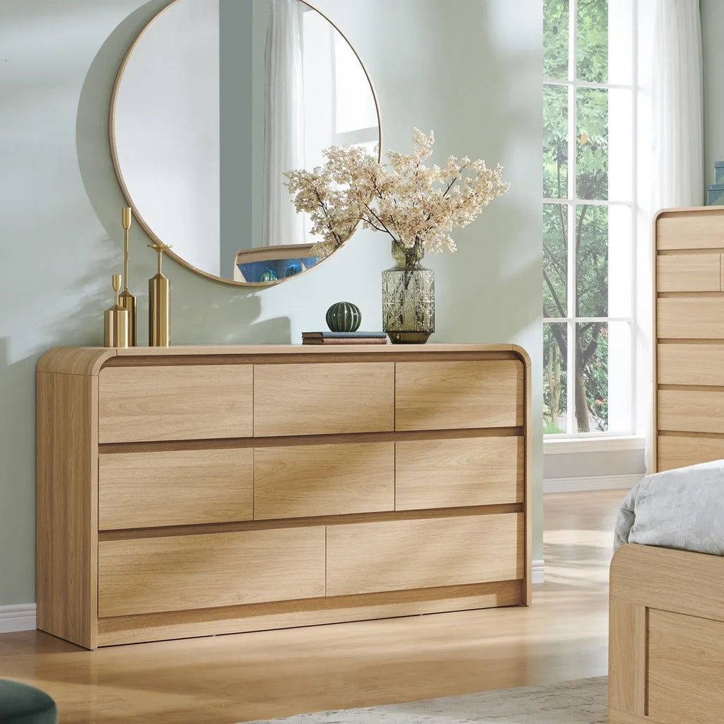 wow97e Modern 8 Drawers Dresser for Bedroom, 55" Wide Wood Chest of Drawers w/Curved Profile Design, for Bedroom, Living Room, Natural Oak