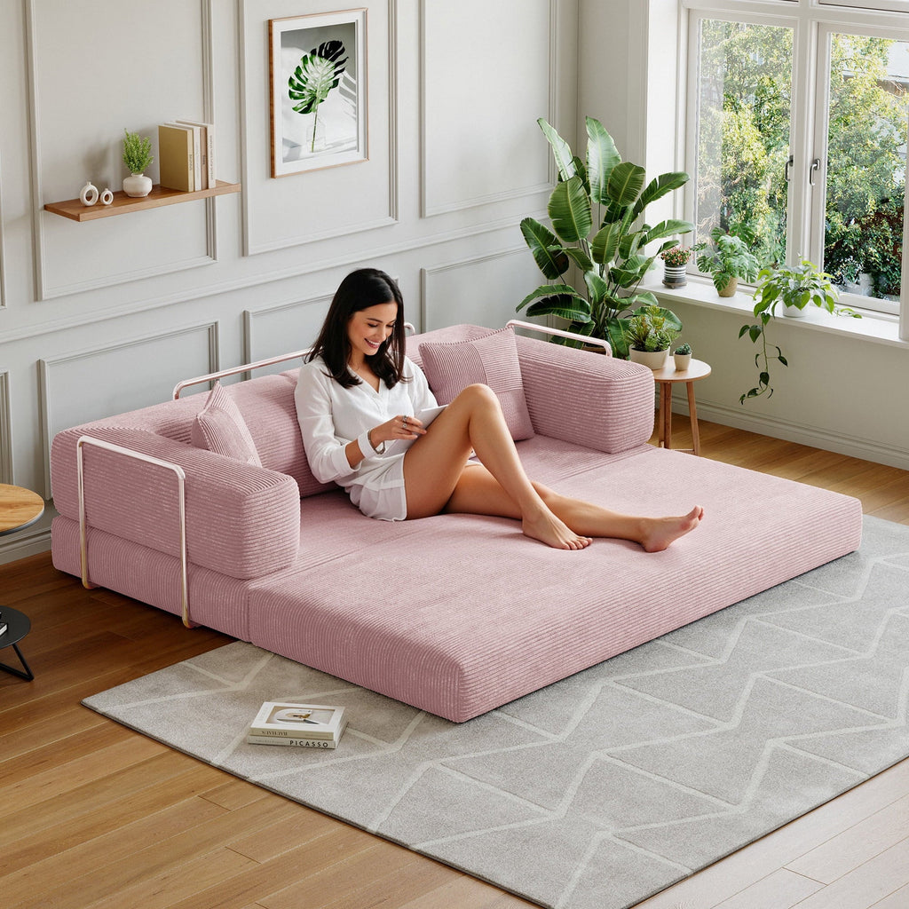 Convertible Sleeper Sofa Bed,Compressed Floor Boneless Couch,Modular Modern Corduroy Sofa for Living Room Bedroom -with Fixed-Shape Frame and Support Armrest,Easy Assembly(Green)