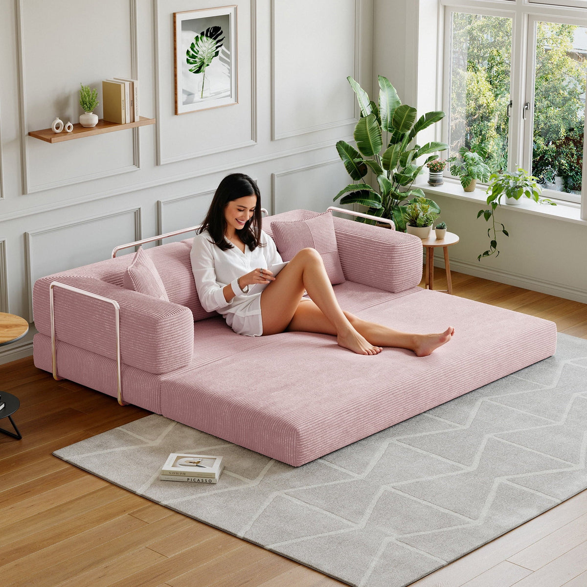 Convertible Sleeper Sofa Bed,Compressed Floor Boneless Couch,Modular Modern Corduroy Sofa for Living Room Bedroom -with Fixed-Shape Frame and Support Armrest,Easy Assembly(Green)
