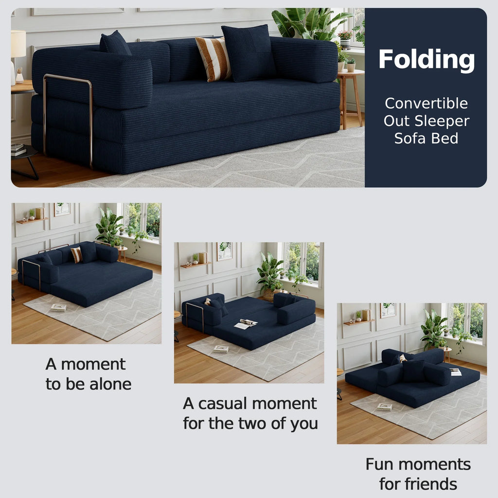 Convertible Sleeper Sofa Bed,Compressed Floor Boneless Couch,Modular Modern Corduroy Sofa for Living Room Bedroom -with Fixed-Shape Frame and Support Armrest,Easy Assembly(Green)