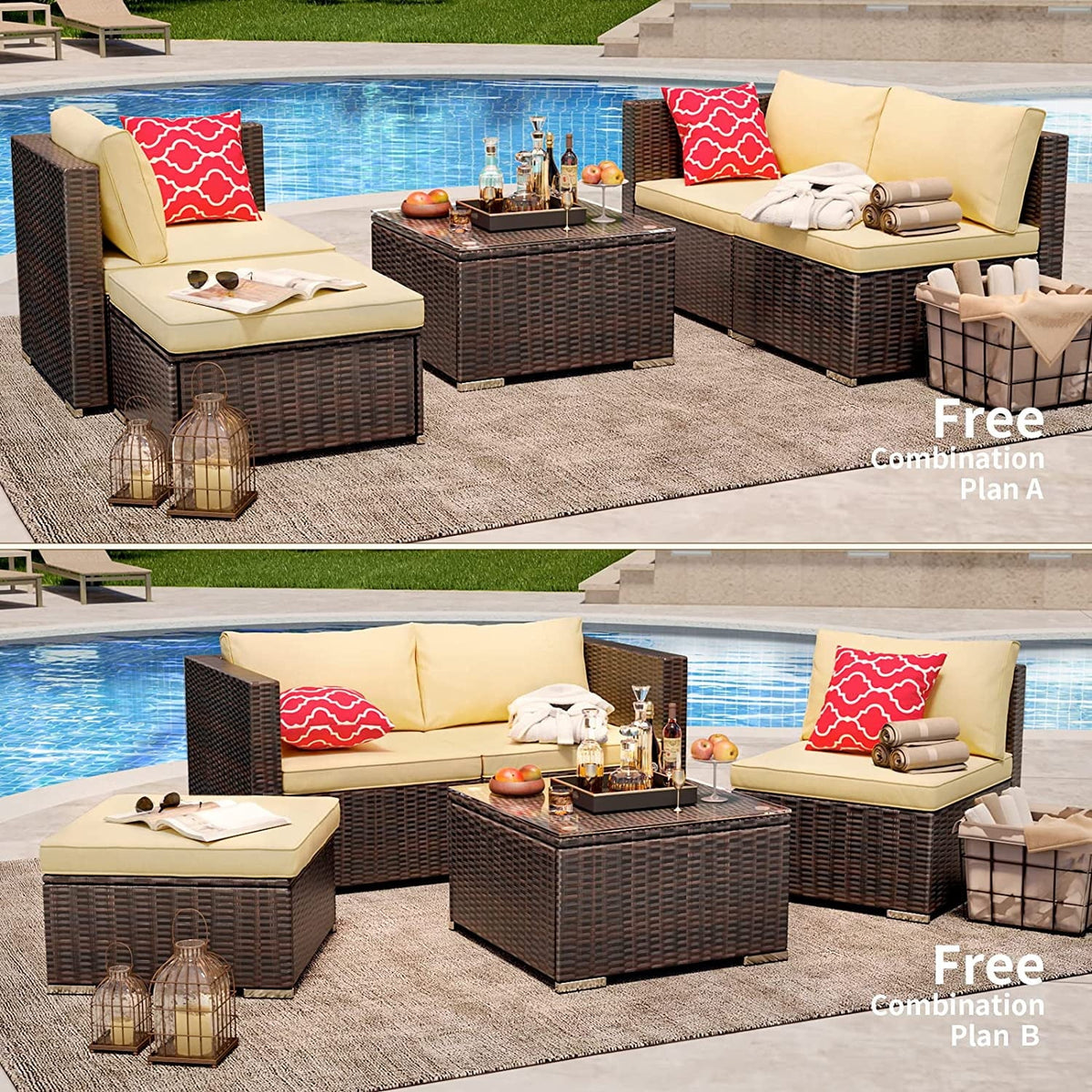 Aiho 7-Piece Rattan Patio Furniture Set , Outdoor Sectional Furniture Set for Patio, Garden, Backyard, Grey