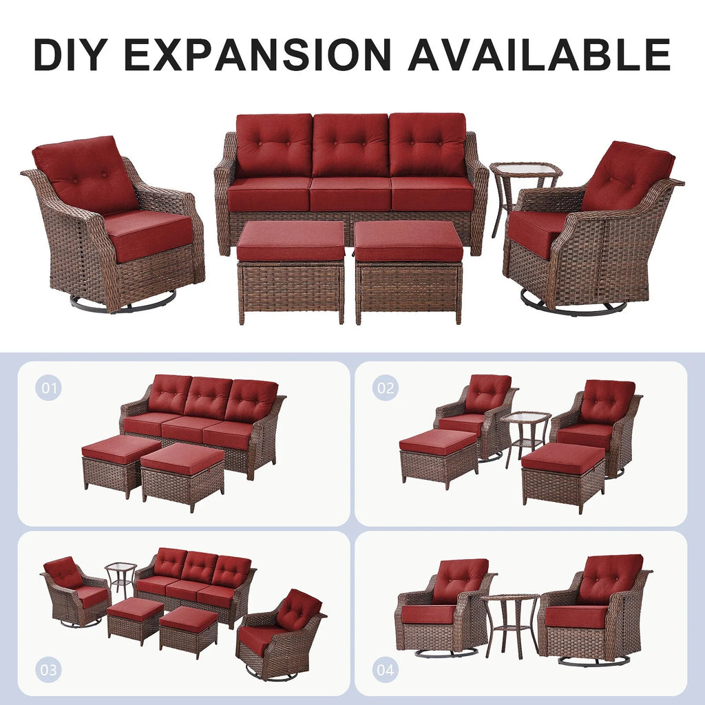 Bellefurn Outdoor Patio Furniture Set with Fire Pit and Swivel Rocker Chair,High-Back Wicker Outdoor Conversation Sets with 3 Seater Couch and Side Table Set for Porch,Deck,Garden