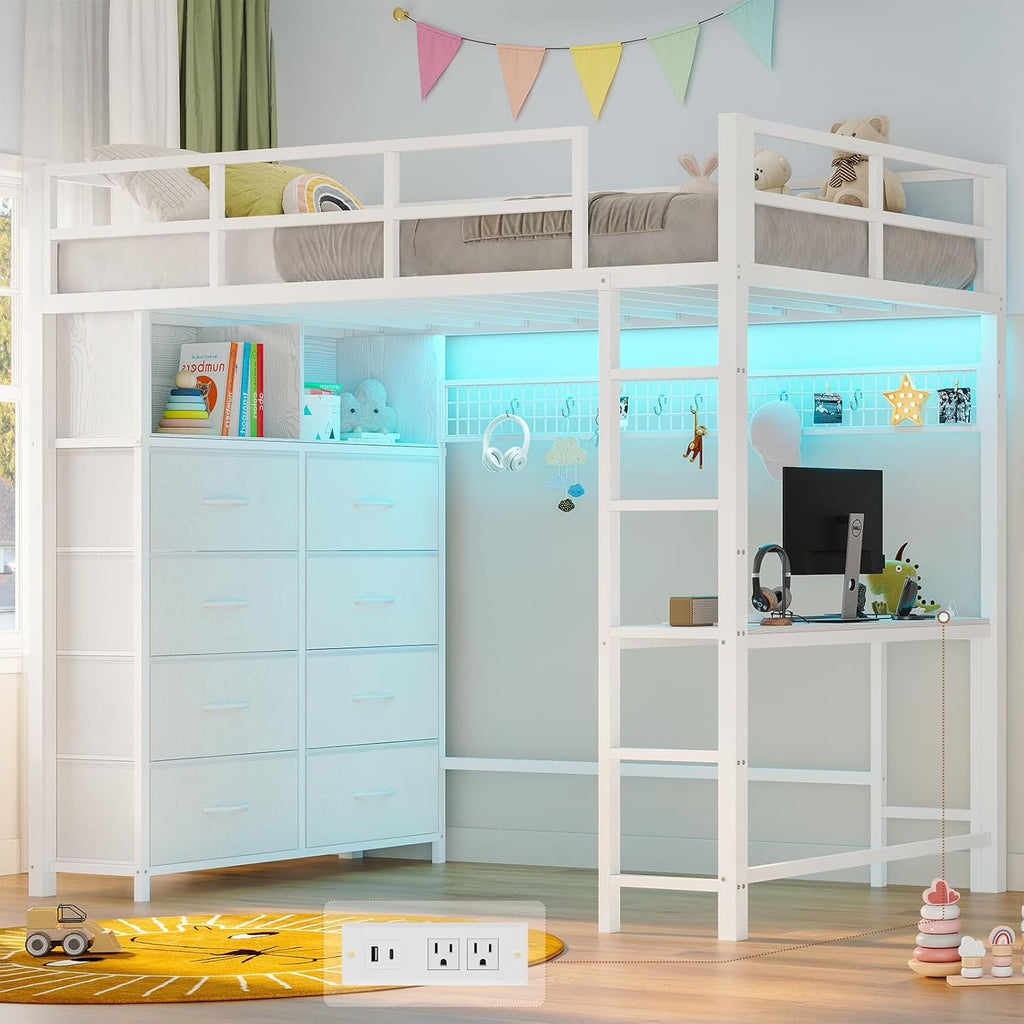 Afuhokles Twin Size Loft Bed with Desk and 8 Storage Drawers and Charging Station, Metal Loft Bed Twin with LED Lights, Storage Shelves, Black