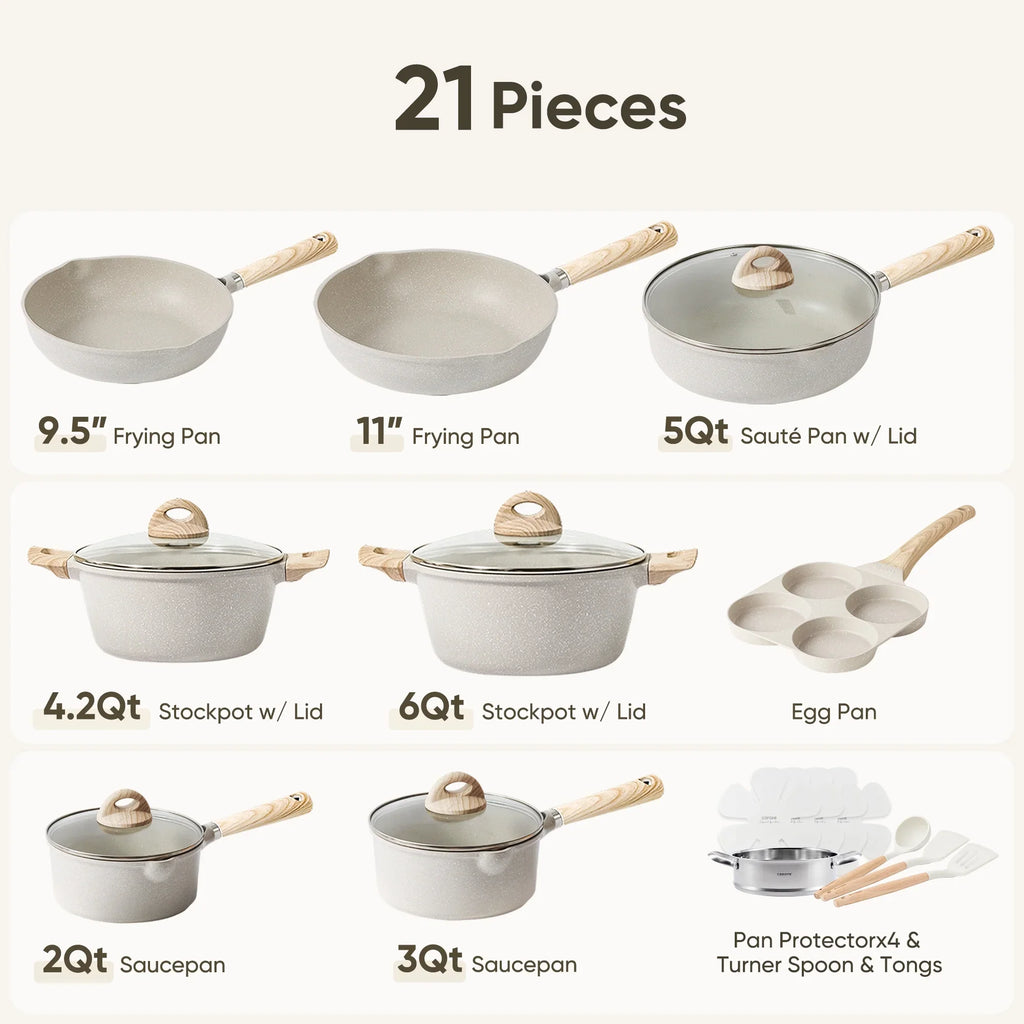 Carote Nonstick Cookware Set 21-Piece,Kitchen Pots and Pans Set,Stay-Cool Handles, Induction Compatible,Cookware Set for RV and Camping,Beige