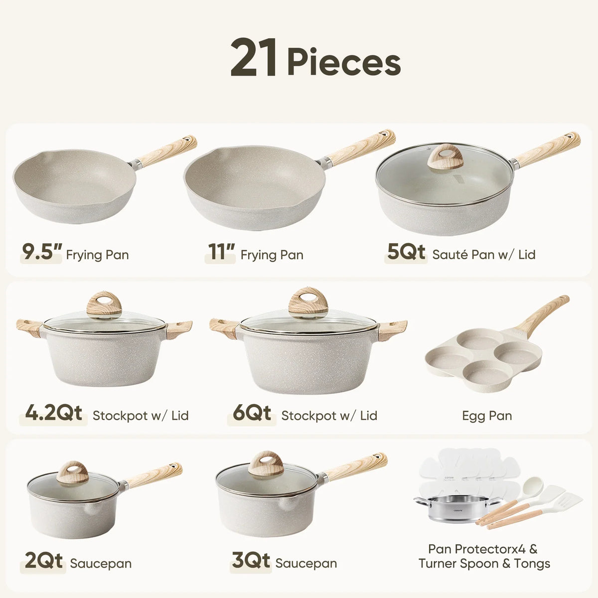 Carote Nonstick Cookware Set 21-Piece,Kitchen Pots and Pans Set,Stay-Cool Handles, Induction Compatible,Cookware Set for RV and Camping,Beige