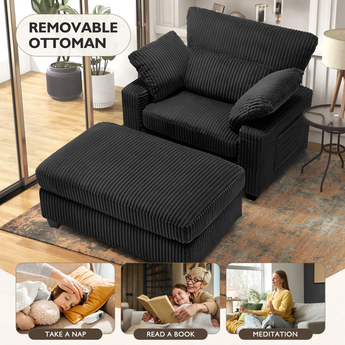 BedLuxury Oversized Accent Chair with Ottoman for Living Room,  Single Sleeper Sofa Armchair with 3 Pillows, Lounge Sofa Bed, Green