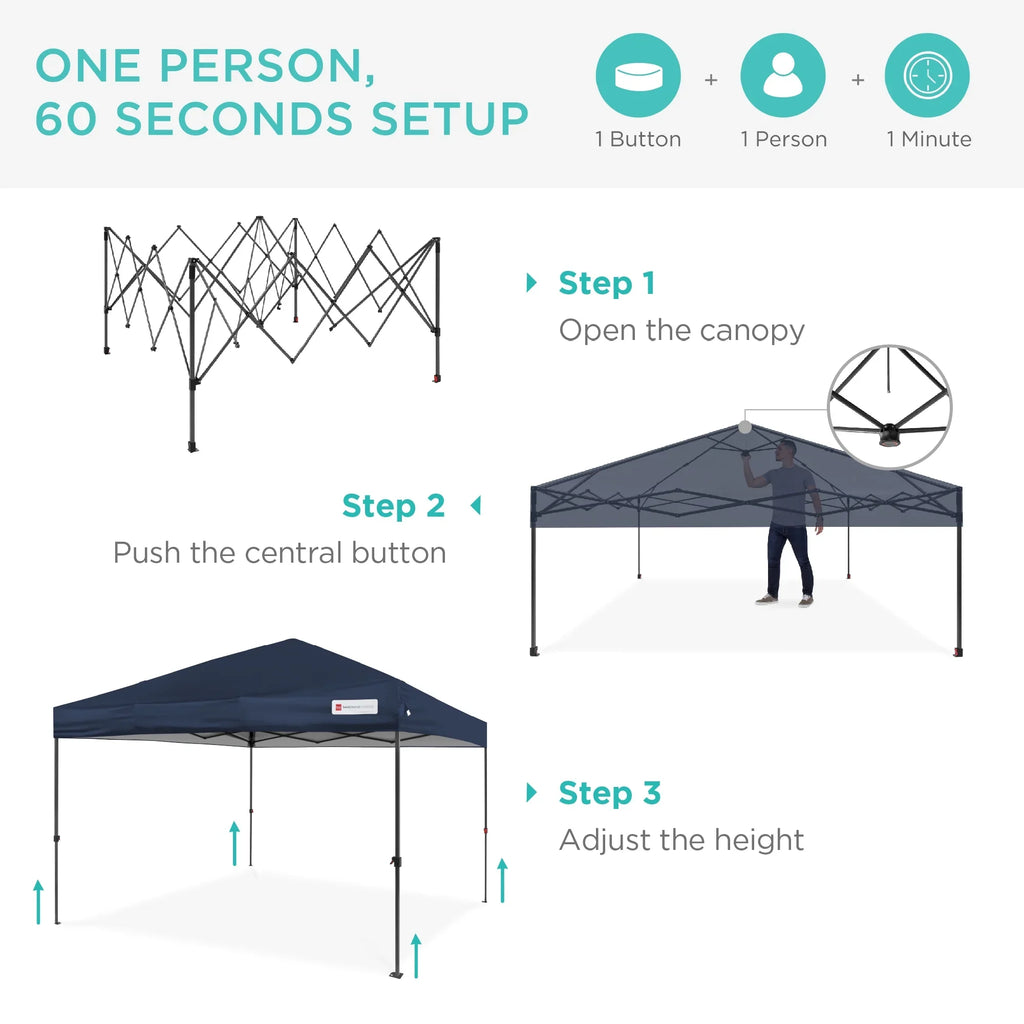 Best Choice Products 12x12ft Easy Setup Pop Up Canopy w/ 1-Button Setup, Wheeled Case, 4 Weight Bags - Navy Blue