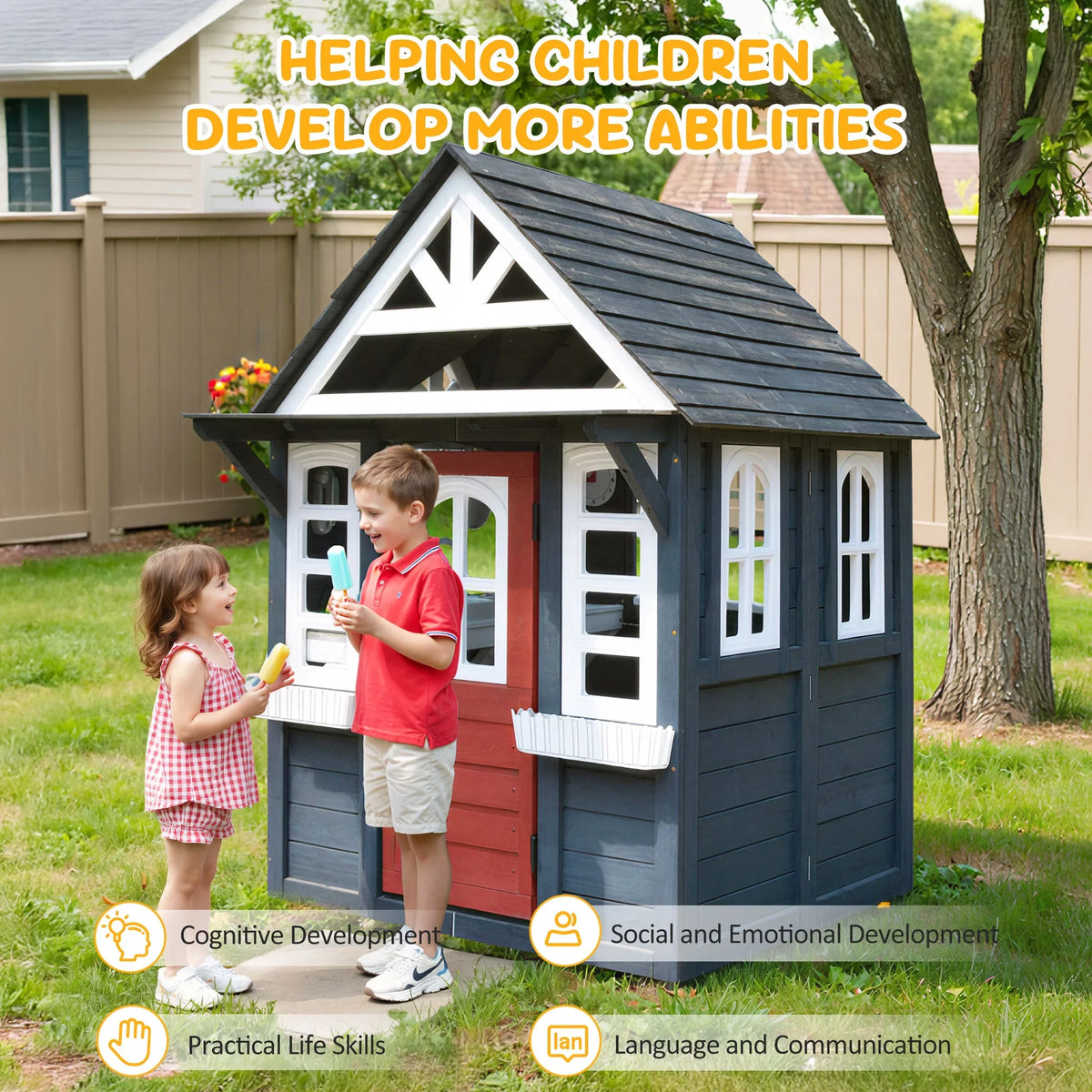 COCLUB Outdoor Playhouse for Kids Ages 4-8, Wooden Play House with Doorbell, Phone, Kitchen Toys, Outdoor Kids Play Equipment, Casa Para Niñas (45”L x 65”H), White & Black