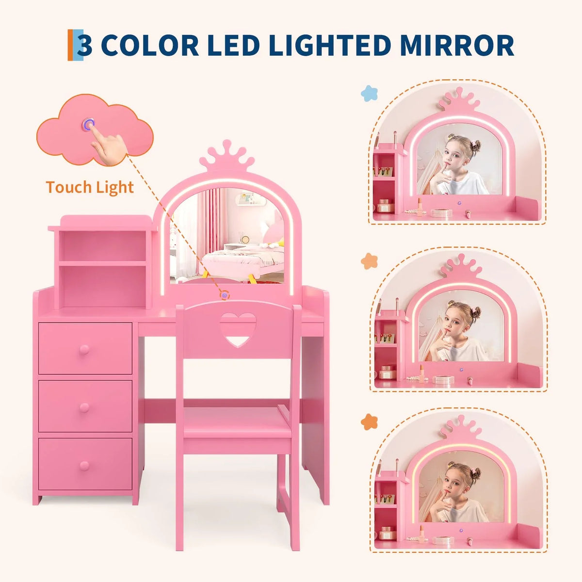 Yeshouse Princess Girls Makeup Vanity Table Set with Storage & Lights
