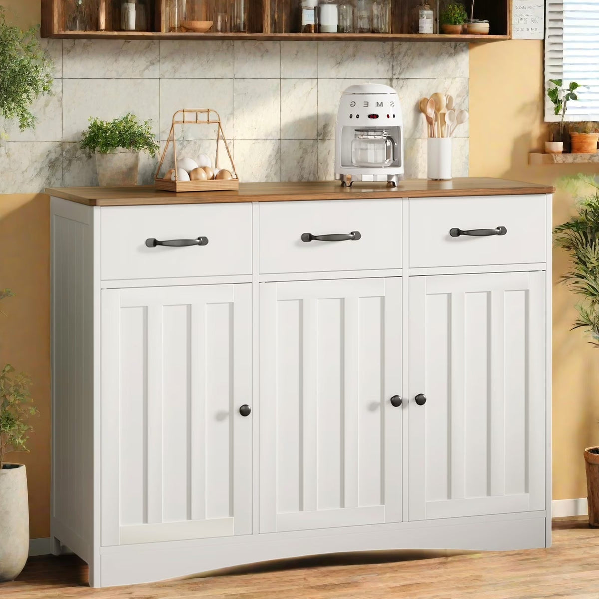 Coffee Bar Cabinet,Lofka Kitchen Storage Cabinet with 3 Drawers for Kitchen, Dining Room, Retro and White