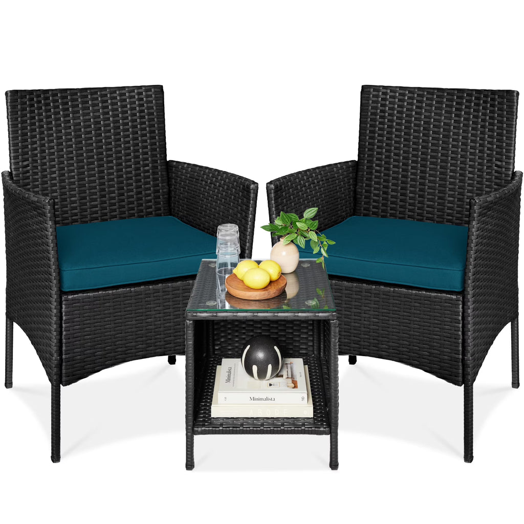 Best Choice Products 3-Piece Outdoor Wicker Conversation Patio Bistro Set, w/ 2 Chairs, Table - Gray/Navy