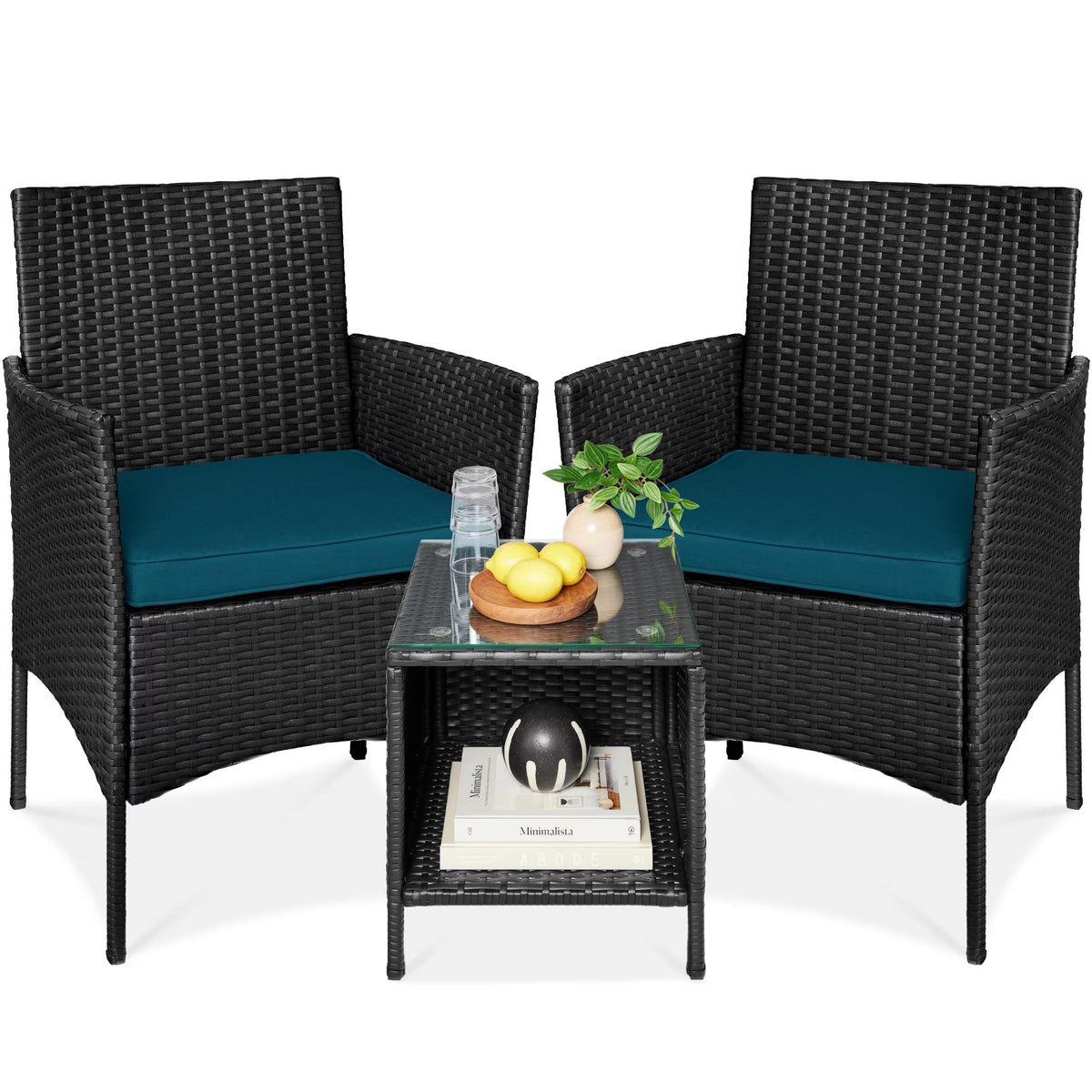 Best Choice Products 3-Piece Outdoor Wicker Conversation Patio Bistro Set, w/ 2 Chairs, Table - Gray/Navy