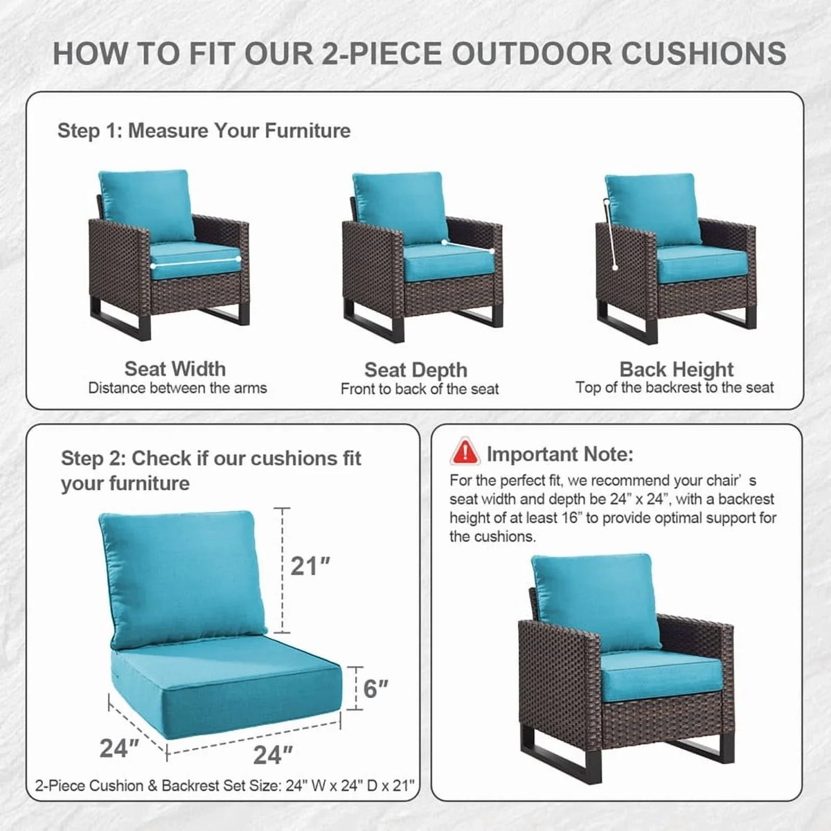 Bellefurn Outdoor Deep Seat Cushion 24 X 24 X 6 inch for Patio Furniture,Outdoor Chair Cushions Waterproof & Fade Resistant Patio Furniture Cushions for Wicker Chair, Sofa, Couch