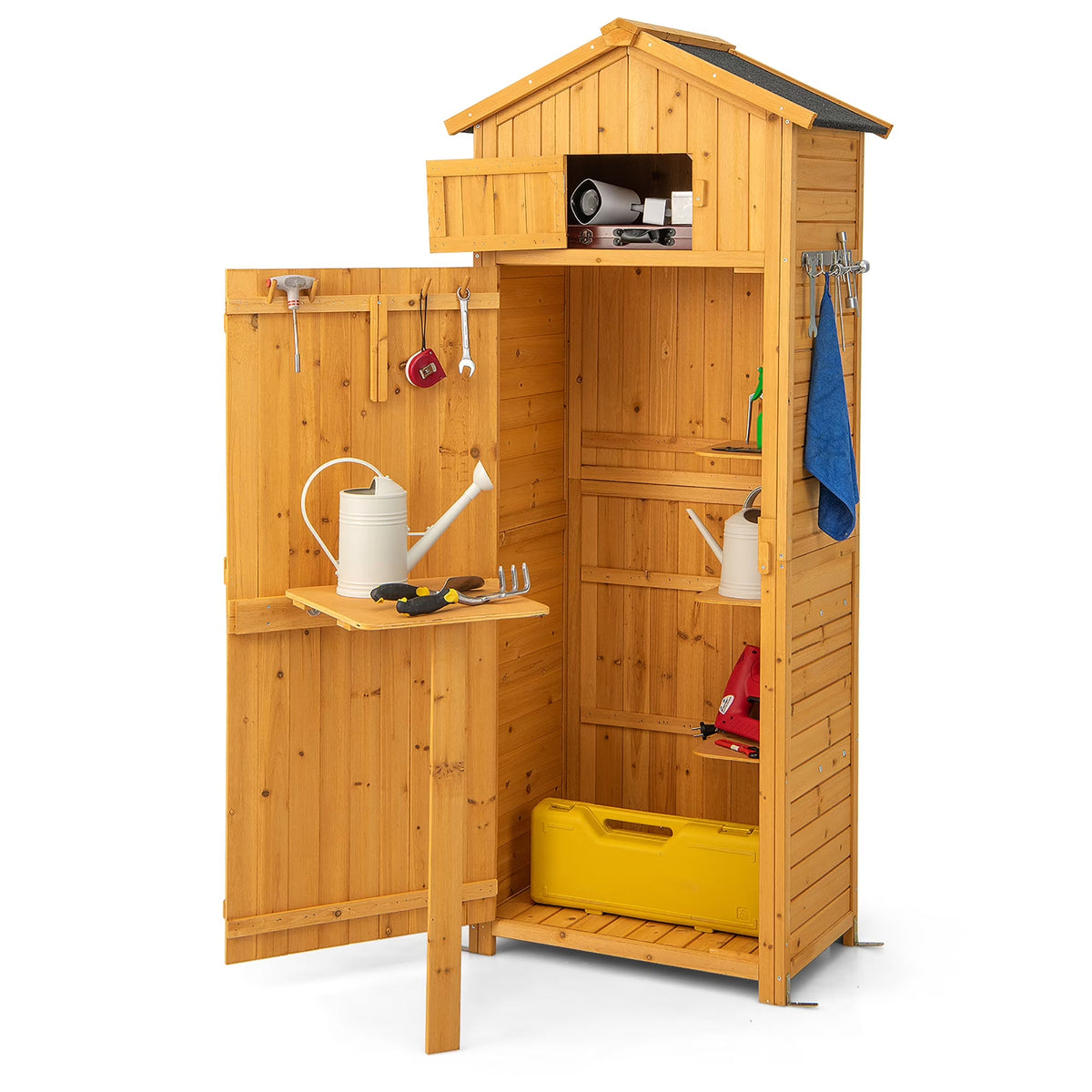 Costway Outdoor Lockable Wooden Storage Shed with Shelves, 71"x29.5"x20", Natural