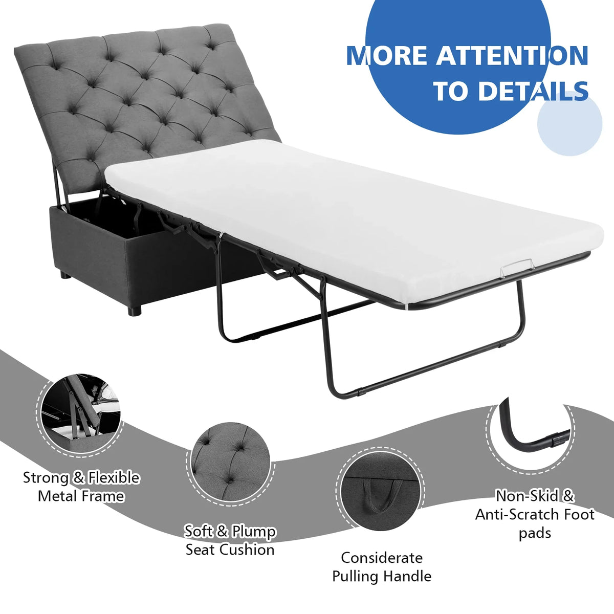 Costway Modern Solid Wood Folding Beds with Ottoman, Grey