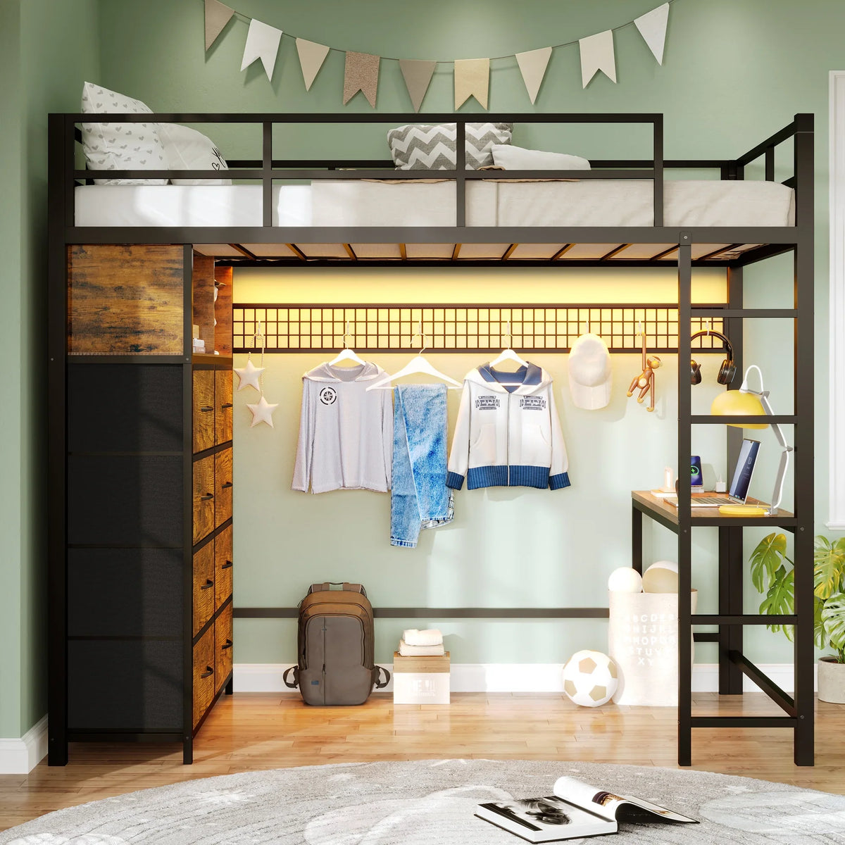 Afuhokles Twin Size Loft Bed with Desk and 8 Storage Drawers and Charging Station, Metal Loft Bed Twin with LED Lights, Storage Shelves, Black