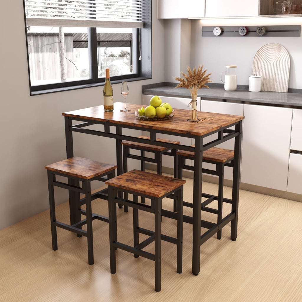 Counter Height Table Set of 5, Breakfast Bar Table and Stool Set, Minimalist Dining Table with Backless Stools, Wood Top Pub Table & Chair Set for Kitchen Apartment Bistro - Space Saving