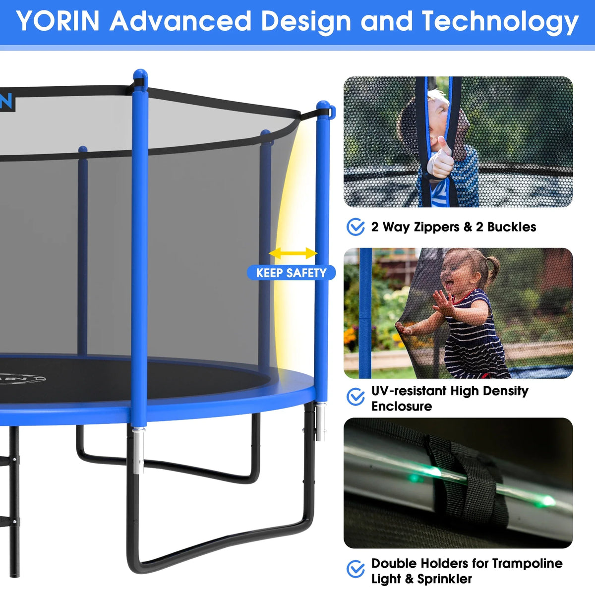 YORIN Trampoline with Trampoline Light, 1200LBS 12FT Trampoline for 5-6 Kids Adults, Recreational Trampoline with Basketball Hoop, Ladder, Galvanized Outdoor Heavy Duty Trampoline