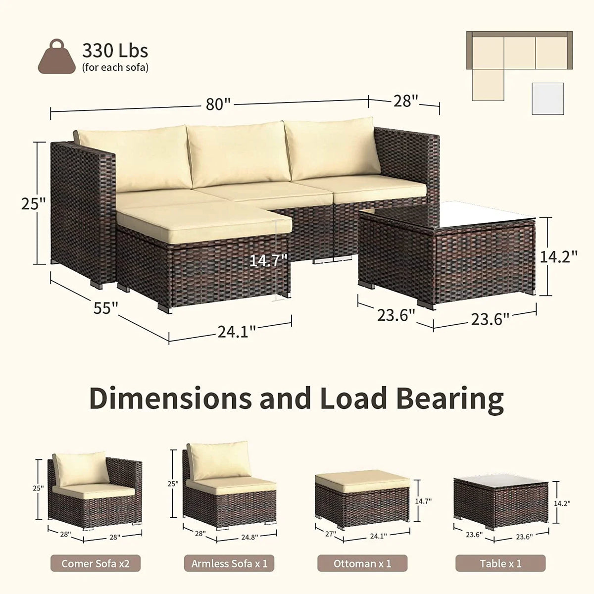 Aiho 7-Piece Rattan Patio Furniture Set , Outdoor Sectional Furniture Set for Patio, Garden, Backyard, Grey